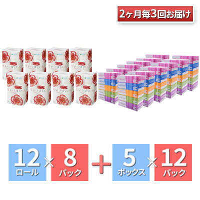 【ふるさと納税】＜2ヶ月毎3回お届け定期便＞人気商品コラボセット 花いっぱいトイレットペーパー96ロール＆BOXティッシュ 60箱　【定期便・雑貨・日用品・トイレットペーパー・花柄・プリント・ティッシュ・ティッシュペーパー・セット】