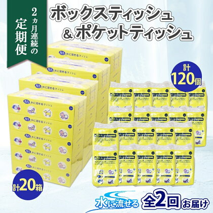 定期便 2カ月連続2回 北海道産 とけまるくん ボックスティッシュ 20箱 ポケットティッシュ 120個 セット 水に流せる ペーパー まとめ買い 香りなし 厚手 雑貨 生活必需品 備蓄 リサイクル 箱 ボックス 送料無料　【定期便・雑貨・日用品・福祉用品】