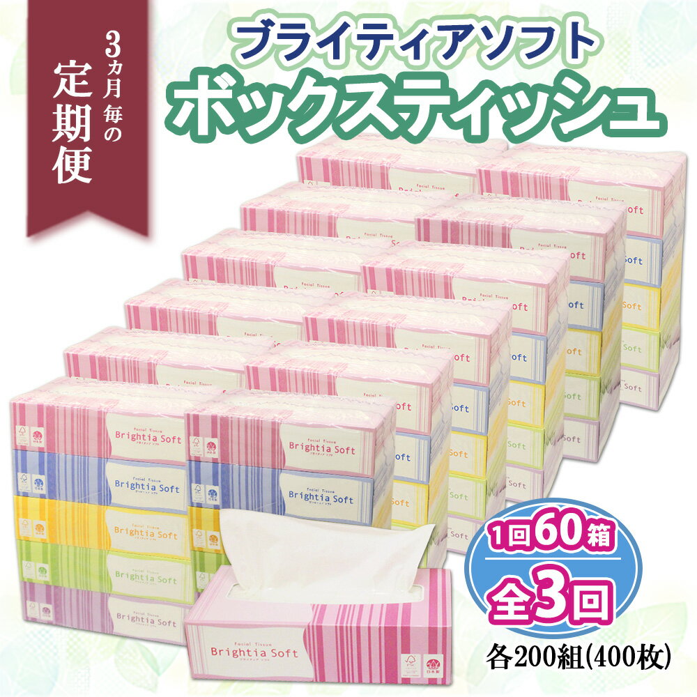 定期便 3ヶ月 全3回 ブライティア ソフト ボックスティッシュ 200組 400枚 60箱 日本製 まとめ買い 紙 日用品 日用雑貨 常備品 消耗品 雑貨 消耗品 生活必需品 大容量 備蓄 衛生 掃除 エコ リサイクル ティッシュ ペーパー BOX 送料無料 北海道 倶知安町