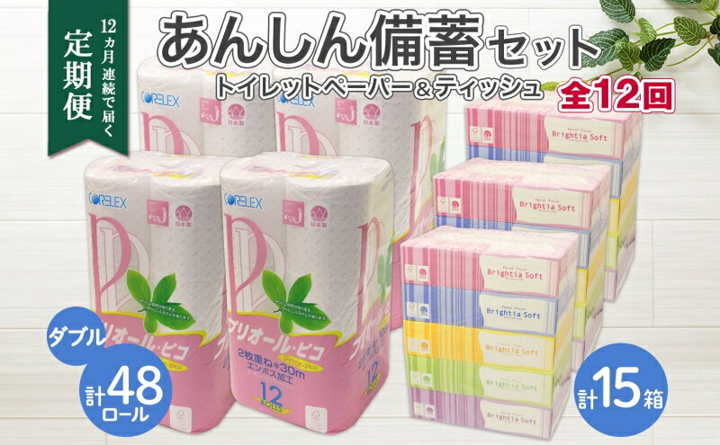 【ふるさと納税】北海道 定期便 12ヶ月連続トイレットペーパー ダブル 48ロール ティッシュ ペーパー 15箱 リサイクル エコ 日用品 日用雑貨 常備 消耗品 雑貨 備蓄 ストック 送料無料 　お届け：12ヶ月連続