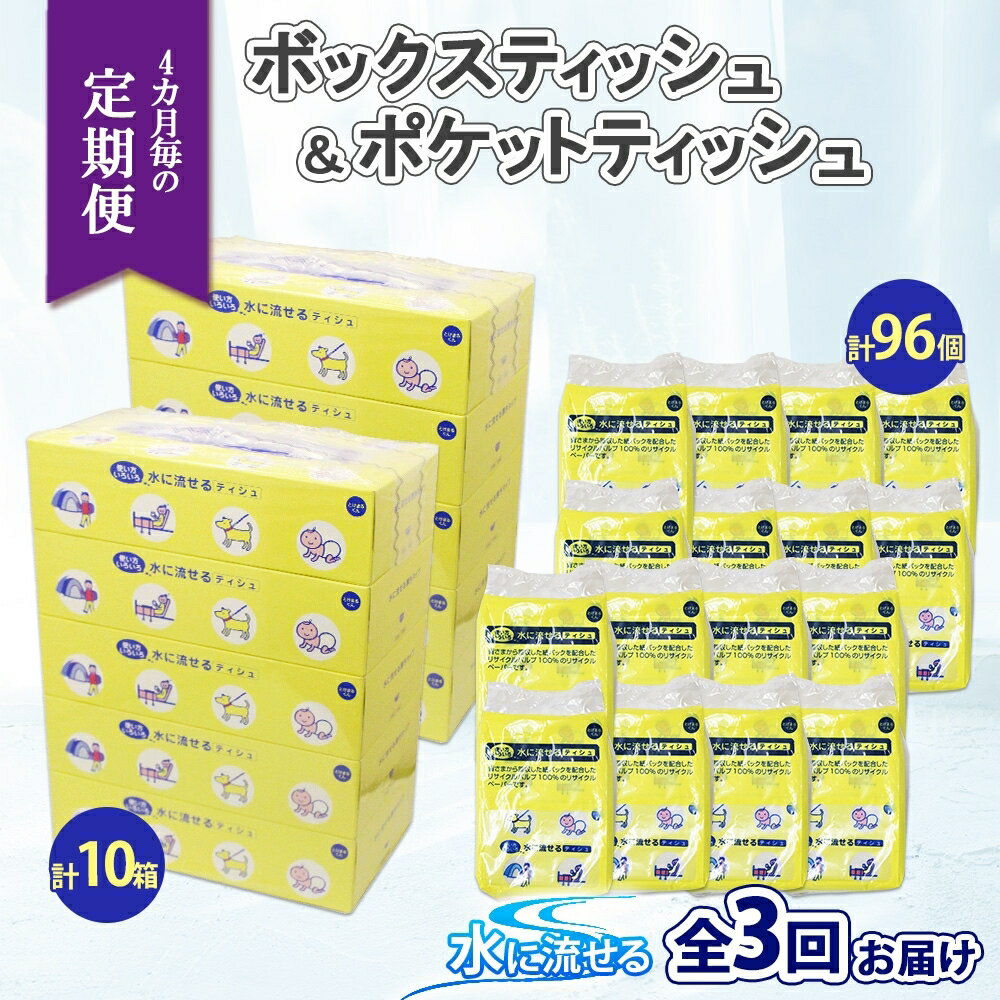 【ふるさと納税】北海道 定期便 4ヶ月毎全3回 とけまるくん ボックス ティッシュ 10箱 ポケット ティッシュ 96個 水に流せる ペーパーリサイクル エコ 香りなし 厚手 雑貨 生活必需品 備蓄 送料無料　【定期便・ 倶知安町 】　お届け：4ヶ月毎全3回