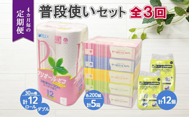 【ふるさと納税】北海道 定期便 4ヶ月毎全3回 普段使いセット トイレットペーパー ダブル 12ロール ティッシュ ボックス 5箱 ポケット 12個 香りなし リサイクル エコ 日本製 消耗品 備蓄 送料無料　【定期便・ 倶知安町 】　お届け：4ヶ月毎全3回