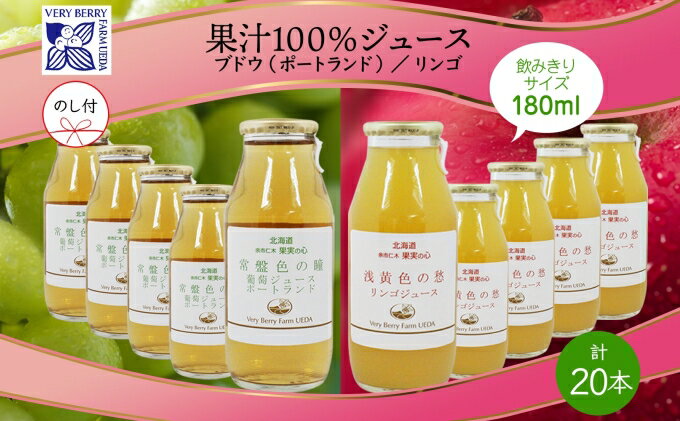 【ふるさと納税】無地熨斗 ポートランド リンゴ ジュース 飲み比べ 180ml 計20本 のし付き 常盤色の瞳 ぶどう 浅黄色の愁 りんご 果汁 100 ジュース ギフト 果汁100 葡萄 林檎 自然農園 お取り寄せ ギフト のし　【 果汁飲料 】