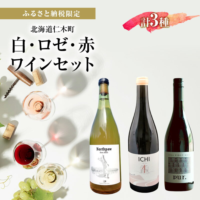ふるさと納税限定セット 北海道仁木町余市川右岸 白・ロゼ・赤3本セット【North Creek Farm×Domaine ICHI×ピュール】 お酒 酒 果実酒 晩酌 葡萄 ぶどう ブドウ 料理 食事 お祝い 北海道 仁木町 飲み比べ　お届け：2026年10月から順次出荷