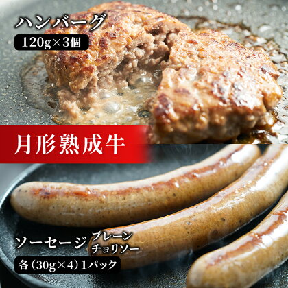 【添加物不使用】月形熟成牛ハンバーグ・ソーセージセット（M）　【 お肉 肉料理 肉の加工品 洋食 惣菜 黒毛和牛 赤身 熟成赤身肉使用 肉本来の旨み ヘルシー 塩分最低限 低塩 】