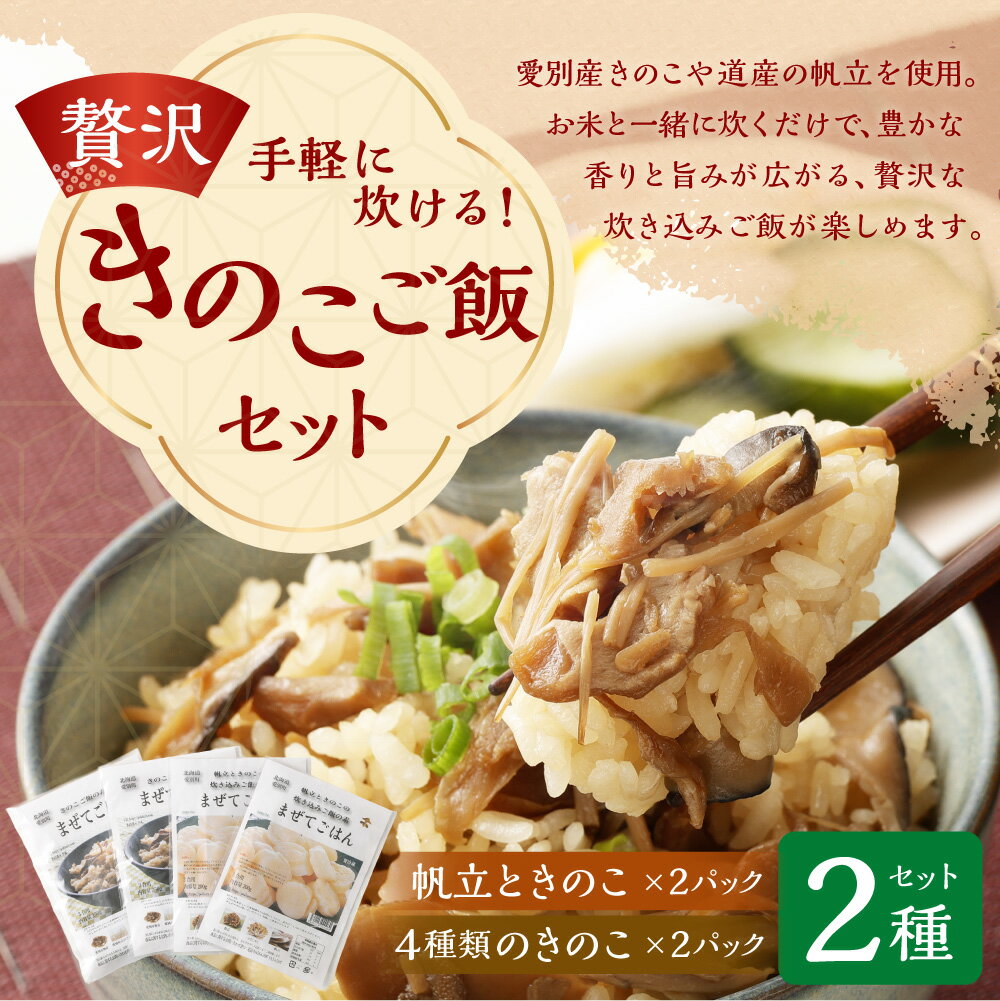 【ふるさと納税】手軽に炊ける贅沢きのこご飯セット（2種類の味わい） 帆立ときのこ200g（2合炊き）×2パック 4種類のきのこ250g（3合炊き）×2パック 計4パック 炊き込みご飯 素 レトルト ほたて 炊き込みご飯の素 混ぜご飯 きのこ ご飯 キノコ 北海道 愛別町 送料無料