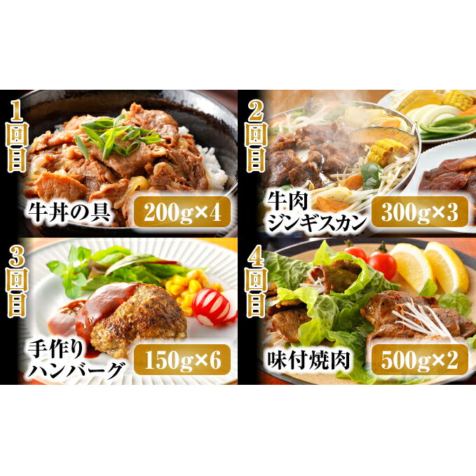 【ふるさと納税】こだわりの美深牛 加工品4回定期便（大）牛丼の具800g・牛肉ジンギスカン900g・手作りハンバーグ900g・味付焼肉1kg【北海道】　【定期便・お肉・ハンバーグ・牛肉・焼肉・バーベキュー・加工品・惣菜・冷凍・牛丼の具・ジンギスカン・4ヶ月・4回】