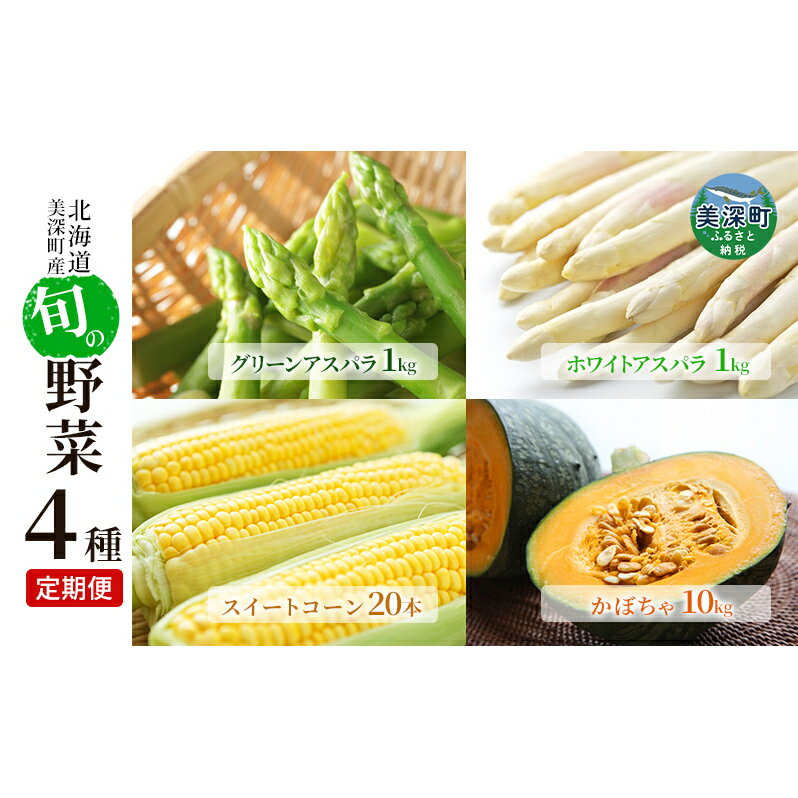 美深の旬の野菜 4種定期便(ホワイトアスパラ・グリーンアスパラ・とうもろこし・かぼちゃ)[北海道美深町産] [定期便・甘み みずみずしい 良質 直送 栄養 お得 セット] お届け:2024年4月より出荷開始