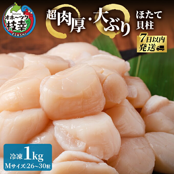 【ふるさと納税】枝幸の四季 超肉厚大玉ほたて冷凍貝柱1kg（Mサイズ：26～30粒）【枝幸ほたて】枝幸海産 北海道 冷凍 貝柱 刺身 大 魚介 海 オホーツク 帆立 年越し 贈答 贈り物 ギフト魚貝類 ホタテのサムネイル