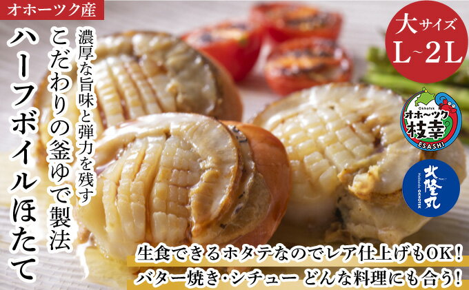 【ふるさと納税】ハーフボイルホタテ［L～2L］大サイズ1kg（16～25個）オホーツク産［北隆丸］【 ほたて 帆立 ホタテ 魚貝類 魚介類 海鮮 大粒 ボイル 生 冷凍 加工食品 北海道 オホーツク 枝幸 】