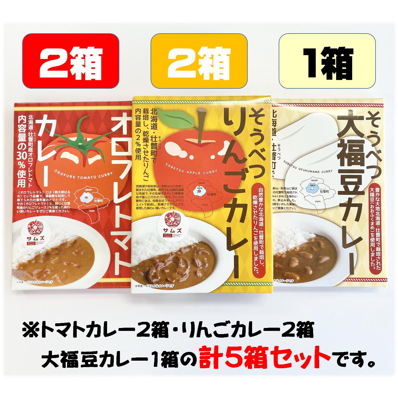 【ふるさと納税】≪ご当地レトルトカレー≫3種セット　計5箱 【 ふるさと納税 人気 おすすめ ランキング 北海道 壮瞥 大福豆カレー まめ りんごカレー オロフレ トマトカレー レトルト 保存食 贈り物 贈物 贈答 ギフト 大容量 詰合せ 北海道 壮瞥町 送料無料 】 SBTA044 f015750-sobetsu-10000078 北海道壮瞥町 サンプル画像2