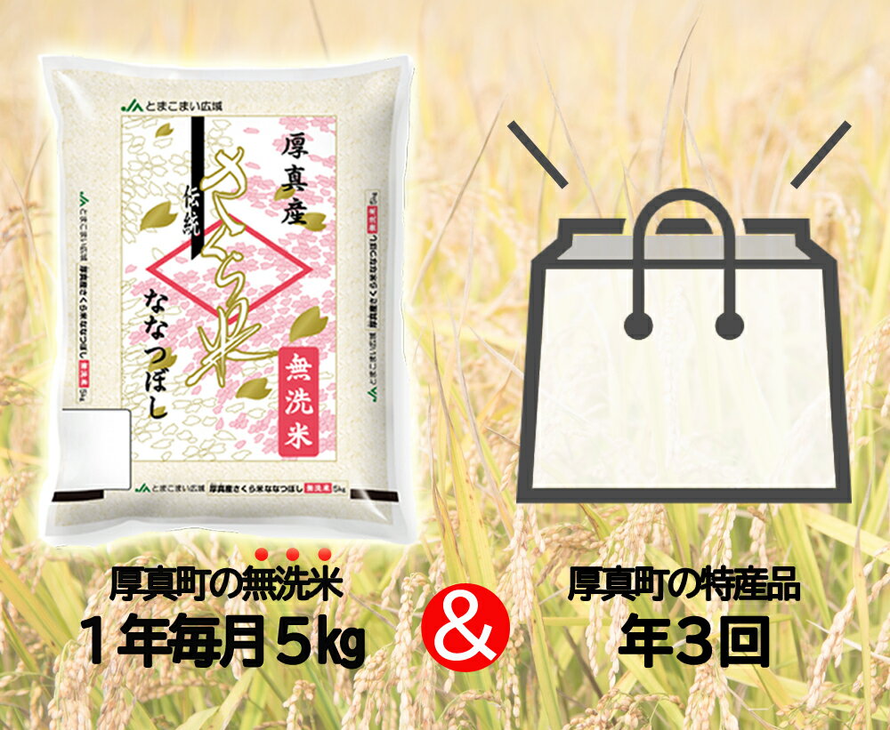 【ふるさと納税】<令和4年新米>1年間毎月届く定期便《無洗米》「厚真町産さくら米5kg」12回+お楽しみ「厚真町特産品」3回