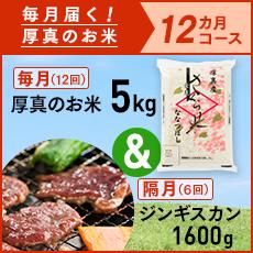 【ふるさと納税】毎月届く定期便「厚真のお米 5kg」12回＋あづまジンギスカン6回コース