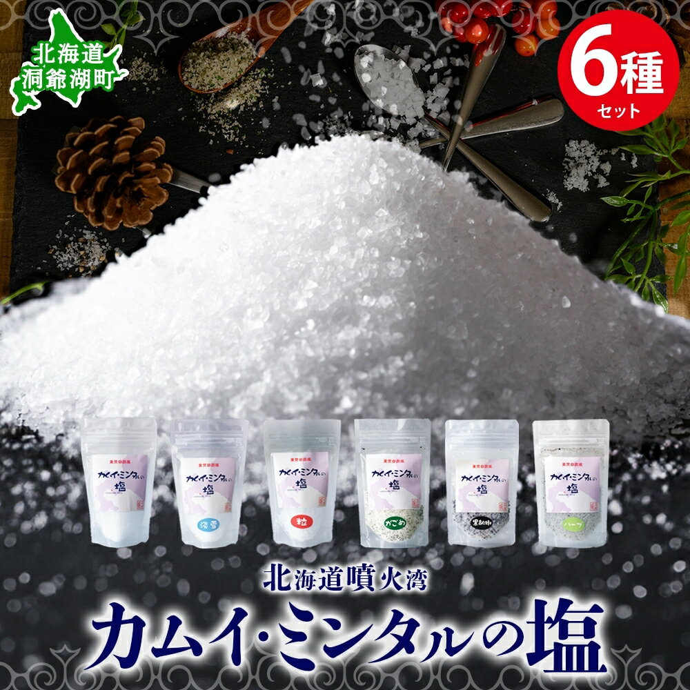 北海道 噴火湾 窯焚自然塩 カムイ・ミンタルの塩 6種セット プレーン 淡雪 粒 がごめ昆布 黒胡椒 ハーブ スタンド袋 自然塩 塩 ソルト おにぎり 東洋炉材 送料無料 食卓 味付け