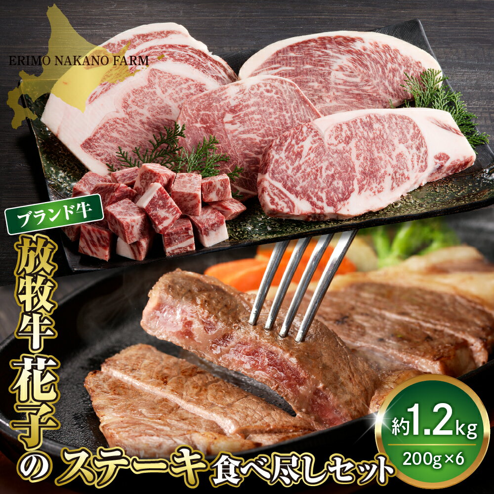 牛肉 牛 ステーキ 食べ尽くし セット 1.2kg ( 200g × 6枚 ) 北海道 えりも町 ブランド 牛 放牧牛 花子 サーロイン リブロース ランプ イチボ シンタマ トモサンカク 肩ロース ウデ トウガラシ 肩ロース サイコロステーキ 人気 送料無料