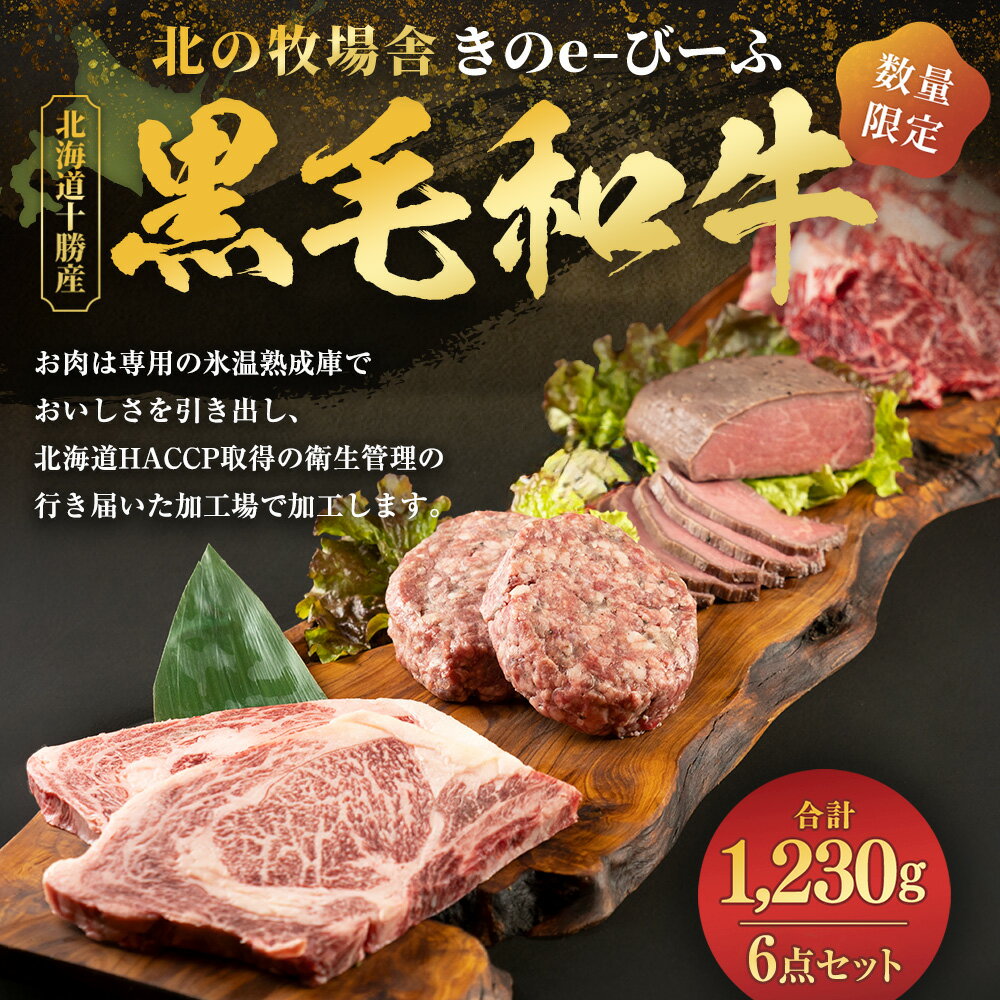 【ふるさと納税】【数量限定】「北の牧場舎」きのe-びーふ 黒毛和牛4種セット 6点セット 合計1230g 黒毛和牛 ロースステーキ ハンバーグ ローストビーフ 焼肉 ステーキ 牛 牛肉 肉 お肉 セット 詰め合わせ 冷凍 国産 北海道 音更町 送料無料 楽天スーパーSALE 9月開催