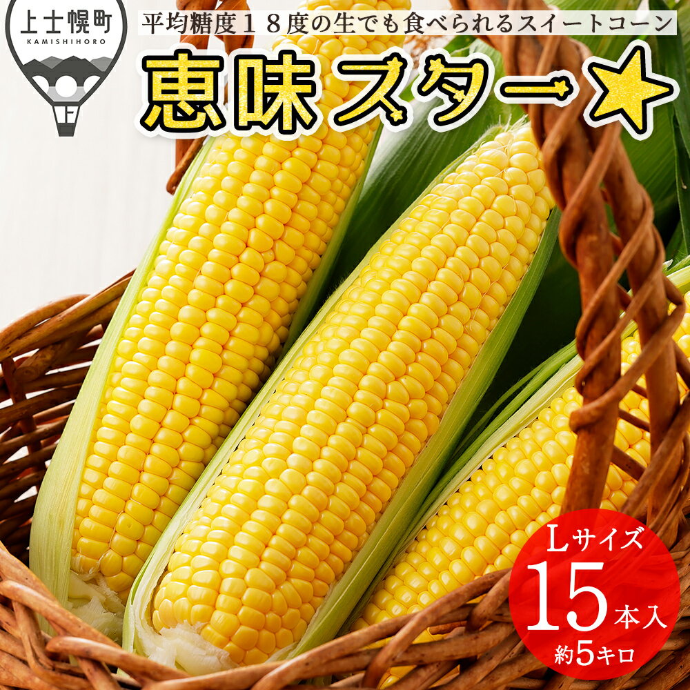 【ふるさと納税】北海道産 スイートコーン 恵味（めぐみ）スター☆ Lサイズ以上 計15本 約5kg 平均糖度18度 北海道 JA上士幌町 野菜 とうもろこし トウモロコシ 産地直送 冷蔵便 レビューキャンペーン対象品 ※オンライン申請対応のサムネイル