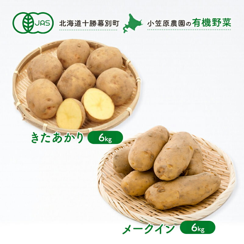 名称きたあかり（じゃがいも）、メークイン（じゃがいも）内容量有機栽培きたあかり6kg、有機栽培メークイン6kg産地北海道幕別町産事業者小笠原農園配送方法常温配送お届け時期2024年9月下旬～12月下旬備考※画像はイメージです。 ※出荷時期になりましたら別途メールにてご案内いたします。 ・ふるさと納税よくある質問はこちら ・寄附申込みのキャンセル、返礼品の変更・返品はできません。あらかじめご了承ください。【ふるさと納税】小笠原農園の有機じゃがいも2種詰合せ（きたあかり6kg・メークイン6kg）【北海道十勝幕別】≪2024年秋出荷先行予約≫　【野菜・じゃがいも・セット・詰合せ】　お届け：2024年9月下旬～12月下旬 【2024年秋出荷の商品です！】 きたあかりは、肉質は粉質でホクホクした食感です。甘みが強く「栗じゃが」とも呼ばれています。また、ビタミンCは「男爵」の1.5倍、カロチンも豊富で栄養価が高くヘルシーな一面もあります。 メークインは、細長くスマートな見た目で、煮崩れにしにくく舌触りがなめらかなため、カレーやシチュー、肉じゃがなどの煮物やサラダなどに向いています。 ▼▼その他の野菜商品はこちら▼▼ 寄附金の用途について (1)パークゴルフの振興に関する事業 (2)ナウマン象記念館の整備に関する事業 (3)未来のオリンピック選手を育てる事業 (4)頑張る農業を応援する事業 (5)未来を担う子どもたちを守り育てる事業 (6)地域で支え合う健康・福祉に関する事業 (7)地球にやさしい行動を推進する事業 (8)定住・移住を促進する事業 (9)自治体におまかせ 受領証明書及びワンストップ特例申請書のお届けについて 入金確認後、注文内容確認画面の【注文者情報】に記載の住所にお送りいたします。発送の時期は、入金確認後1～2週間程度を目途に、お礼の特産品とは別にお送りいたします。 ■　ワンストップ特例について ワンストップ特例をご利用される場合、1月10日までに申請書が当庁まで届くように発送ください。 マイナンバーに関する添付書類に漏れのないようご注意ください。 ▽申請書のダウンロードはこちら https://event.rakuten.co.jp/furusato/guide/onestop/