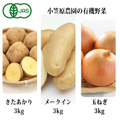 小笠原農園の有機野菜3種詰合せ（きたあかり3kg・メークイン3kg・玉ねぎ3kg）【北海道十勝幕別】≪2024年秋出荷先行予約≫　【野菜・じゃがいも・玉ねぎ・たまねぎ・タマネギ・セット・詰合せ】　お届け：2024年9月下旬～12月下旬