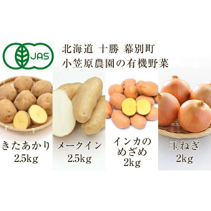 【ふるさと納税】小笠原農園の有機野菜4種詰合せ（きたあかり2.5kg・メークイン2.5kg・インカのめざめ2kg・玉ねぎ2kg）【北海道十勝幕別】≪2023年秋出荷先行予約≫　【野菜・じゃがいも・セット・詰合せ・タマネギ】　お届け：2023年9月下旬〜12月下旬のサムネイル