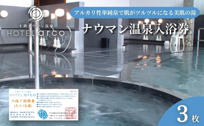 【ふるさと納税】十勝ナウマン温泉ホテルアルコ　入浴券3枚　【 チケット 温泉利用券 】　お届け：※ご入金確認後、順次発送になります。※日本郵便（レターパックプラス）で対面にてお届けいたします。※配送日時のご指定はできません。