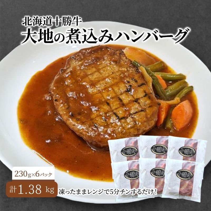 北海道 十勝牛 大地の煮込みハンバーグ230g×6パック 野菜入り お手軽レンチン[セット 牛100% 国産牛 牛肉 ハンバーグ 惣菜 小分け 冷凍 牛肉100% 大きい レンジ 簡単 国産 北海道 十勝 幕別 ふるさと納税 送料無料 ]