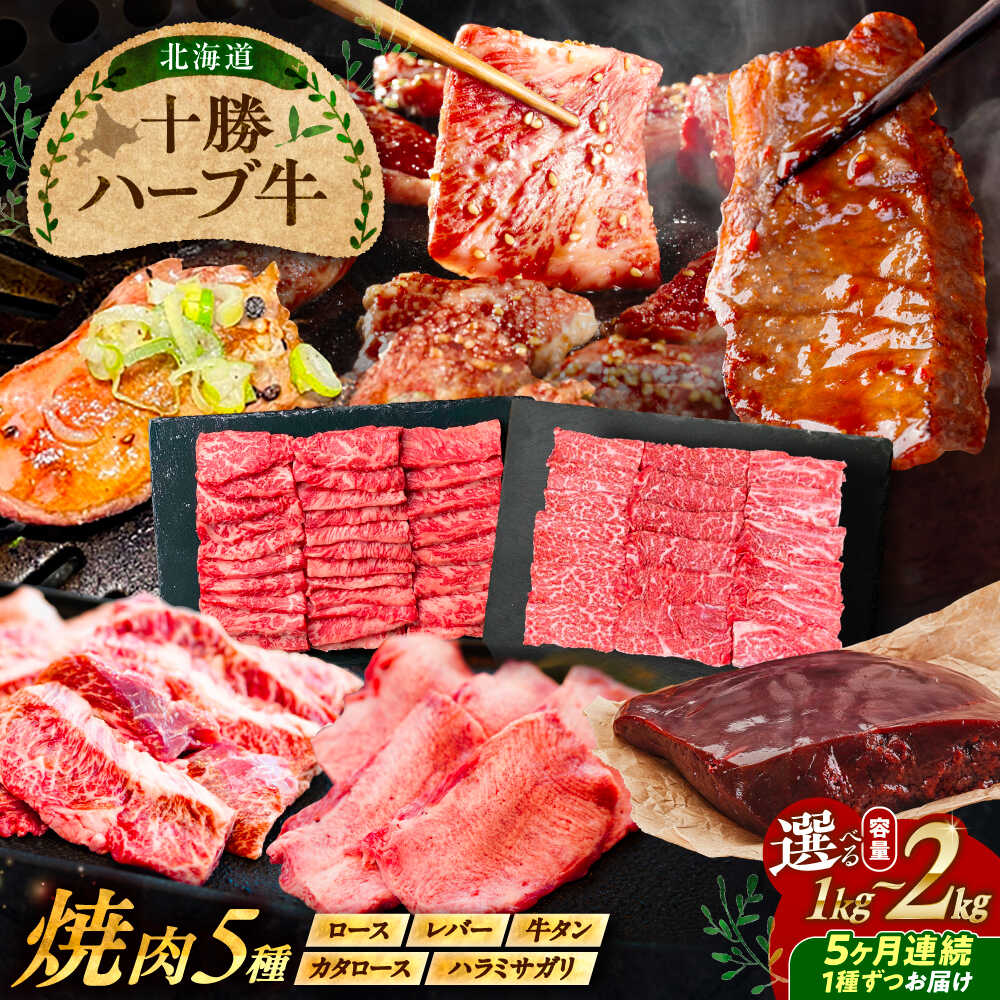 【5回定期便】【選べる容量1kg〜2kg】 北海道 十勝 ハーブ牛 焼肉 5種 《足寄町》【株式会社ノベルズ食品】[BEAQ044]