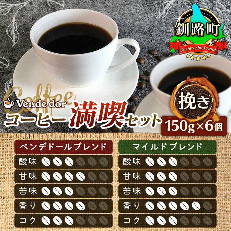 ベンデドール 自家焙煎 珈琲豆 ブレンド コーヒー 満喫セット [挽き 150g×6個セット][ 珈琲豆 コーヒー豆 挽豆 北海道 釧路町 ] 18000円 ワンストップ特例制度 オンライン