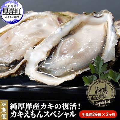 【ふるさと納税】純厚岸産カキの復活！カキえもんスペシャル（生食用24個）全3回お届け　【定期便・魚貝類 生牡蠣 かき 厚岸産殻牡蠣 カキえもんスペシャル 24個 カキナイフ 生食用】　お届け：2023年11月〜2024年6月まで