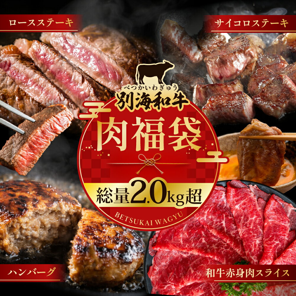 [ 別海和牛 肉 福袋 4種類 総量2.0kg超 ] 豪華 肉 福袋(和牛赤身肉スライス500g ハンバーグ980g(140g×7個) サイコロステーキ500g ロースステーキ500g)( ふるさと納税 福袋 牛肉 黒毛和牛 訳あり ふるさと ステーキ )