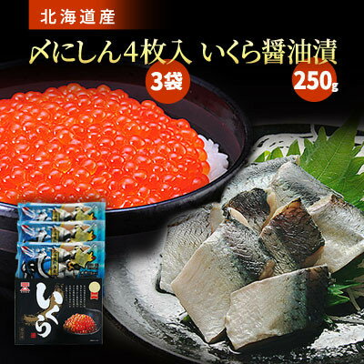 [緊急支援品] 北海道産 いくら醤油漬 250g×1箱 & 〆にしん 4枚入×3袋[配送不可地域:離島]