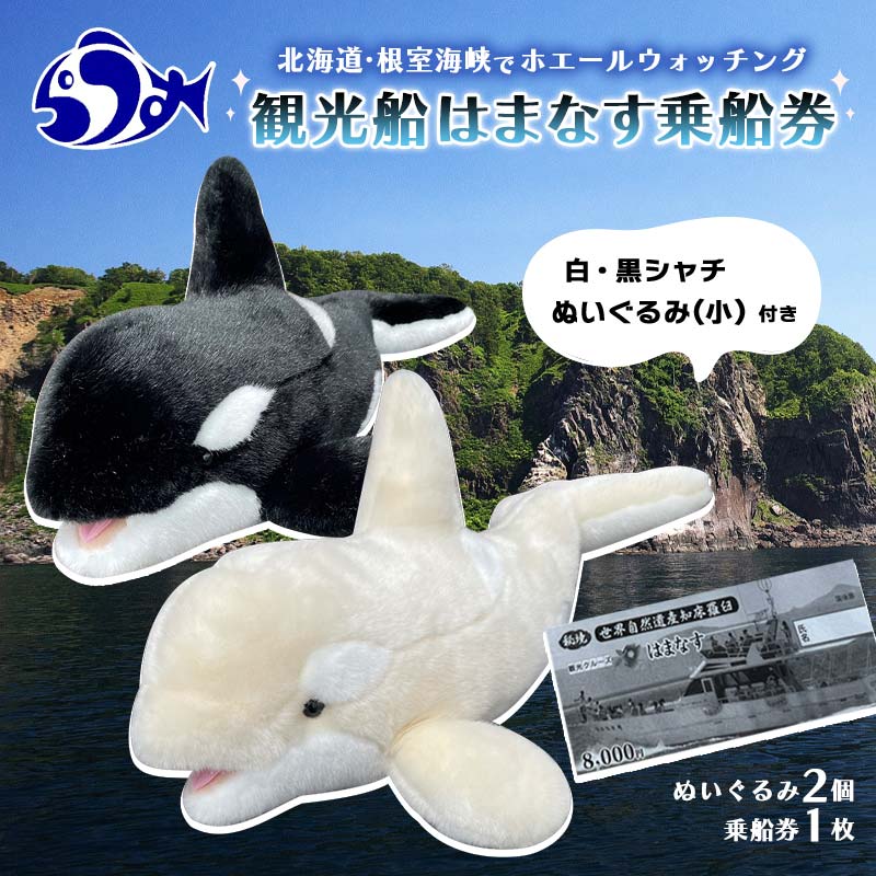 【ふるさと納税】観光船はまなす乗船券＋黒白シャチ ぬいぐるみ（小）セット ホエールウォッチング クジラ 鯨 シャチ アクティビティ 自然 クルージング 生産者 支援 応援 動物 ぬいぐるみ プラッシュ かわいい F21M-1030のサムネイル