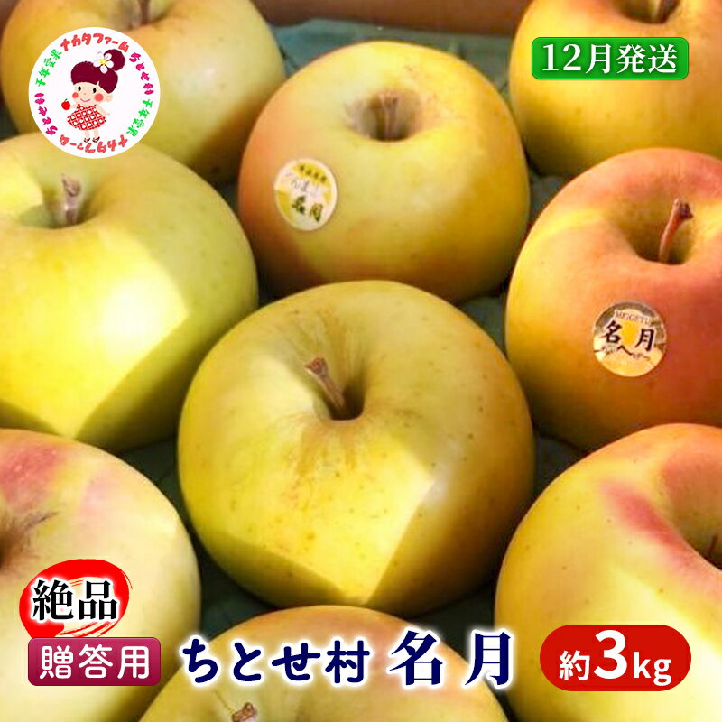 名称名月内容量贈答用 名月約3kg(6玉～10玉程度) ※りんごの玉数は指定できません。 ※商品名に記載されております重量はあくまでも目安です。りんごの品種や大きさによって、重量が満たない場合もございますので、予めご了承ください。 ※到着後、すぐに冷蔵庫で保管してお早めにお召し上がりください。食べきれない場合は新聞紙、ラップで包むと日持ちしやすくなります。 ※収穫後は木箱に入れて貯蔵しております。稀に木箱のにおいがうつる場合がございますが箱から出して2～3日程度でにおいがとれますのでご了承ください。産地青森県弘前市産事業者ちとせ村ナカタファーム配送方法常温配送お届け時期2024年12月1日～2024年12月20日備考※画像はイメージです。 ※季節品のため配送日時指定やお届け日についてのお問合せは承っておりません。注文順に順次出荷いたします。 ※天候や収穫状況により、お届けや規格が変更になる場合がございます。 ※配送時の揺れや傾きにより若干の傷が生じる場合がございます。 ※シーズンに入りましたらご案内メールをお送りしますので必ずご確認ください。 ※商品受取後、すぐに商品の状態をご確認ください。不良の場合現品と交換させて頂きます。商品到着後1週間以内にお問合せセンターまでご連絡ください。お時間が過ぎてからの交換は致しかねます。 ※ご不在等により商品を受け取れなかった場合の再出荷は致しかねます。 ※「お申し込みの不備」「事前連絡をいただいていない長期不在や転居」「住所不明」「日数が経ってからのお受取り」に対する再出荷は致しかねますのでご了承ください。 ※沖縄・離島へはお届けできません。 ※上記のエリアからの申し込みは返礼品の手配が出来ないため、「キャンセル」または「寄附のみ」とさせていただきます。予めご了承ください。 ・ふるさと納税よくある質問はこちら ・寄附申込みのキャンセル、返礼品の変更・返品はできません。あらかじめご了承ください。【ふるさと納税】【12月発送】贈答用 絶品ちとせ村 名月 約3kg【弘前市産・青森りんご】　【 果物 フルーツ デザート 食後 国産 食べ物 贈り物 ギフト 】　お届け：2024年12月1日～2024年12月20日 【配送不可：沖縄・離島】 【出荷予定：2024年12月1日～2024年12月20日】 「千年村」は、1955年まで存在していたりんご産業が盛んな村で、現在は弘前市となっています。ちとせ村ナカタファームは、かつて千年村だった地区に存在するりんご園です。 ちとせ村ナカタファームでは、旧千年村への敬意を表し、愛情込めて育てたりんごを「千年愛果」と呼んでいます。千年の土地の恵みをたっぷり受けた名月を是非お楽しみください。贈答用にもおすすめです。 ※当園5段階規格の内1～2段階目のりんごをお届けします。 寄附金の用途について 健康都市弘前応援コース がんばる弘前応援コース 弘前4大まつり応援コース 日本一の「りんご」応援コース 日本一の「さくら」応援コース 弘前子ども未来応援コース 石垣普請応援コース 現代アートコレクション応援コース 受領証明書及びワンストップ特例申請書のお届けについて 入金確認後、注文内容確認画面の【注文者情報】に記載の住所にお送りいたします。発送の時期は、入金確認後1～2週間程度を目途に、お礼の特産品とは別にお送りいたします。 ■　ワンストップ特例について 同封の返信用封筒（折り畳み式）にて、1月10日までに申請書を当庁までご返送ください。 マイナンバーに関する添付書類に漏れのないようご注意ください。 ▽申請書は下記よりダウンロード可能です。 https://event.rakuten.co.jp/furusato/guide/onestop/