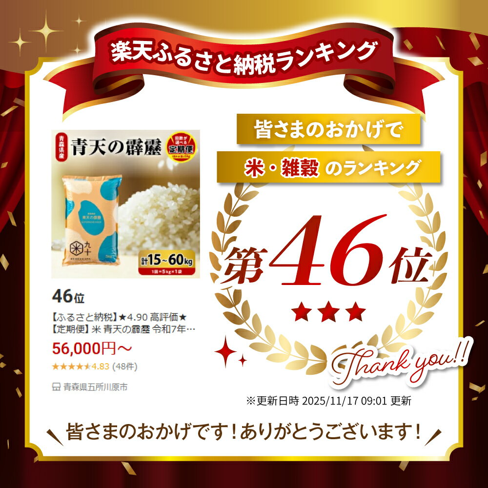 マイスターおすすめの銘柄を是非一度！　【ふるさと納税】★4.90 高評価★【定期便】 米 青天の霹靂 令和7年産《 回数が選べる : 3回 15kg / 6回 30kg / 9回 45kg / 12回 60kg 》8年連続 特A 青森県産 精米 白米 こめ コメ ごはん ライス ブランド米 贈答 ギフト 贈り物 国産 PEBORA 晴天の霹靂 青森県 五所川原市