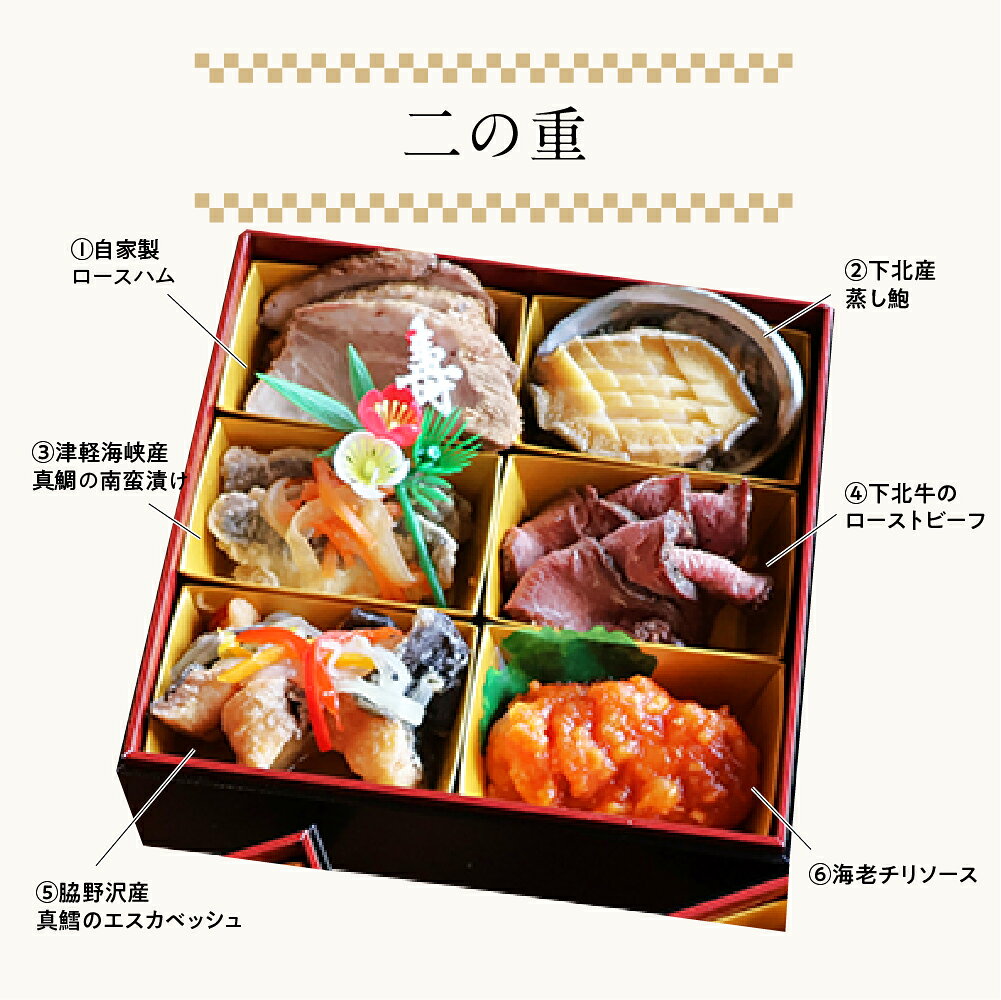 【ふるさと納税】【下北半島からの贈り物】極・特選三段おせち 海峡サーモン/下北牛/陸奥湾ほたて/脇野沢産真鱈/べこもち/下北産アワビ入り　海の幸 海産物 ふるさと納税 むつ市 f022080-mutsu-10001471 青森県むつ市 サンプル画像3