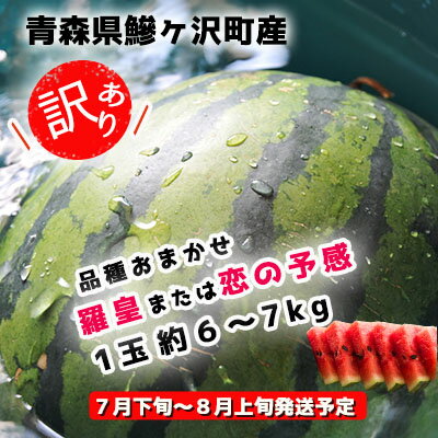 【ふるさと納税】【先行予約2023年産】【訳あり】スイカ 1玉 約6〜7kg（品種：羅皇または恋の予感）7月下旬〜8月上旬発送予定 品種おまかせ 青森県鰺ヶ沢町産　【果物類・スイカ・大玉・甘さ・シャリ感・赤色果肉】　お届け：2023年7月25日〜2023年8月10日のサムネイル