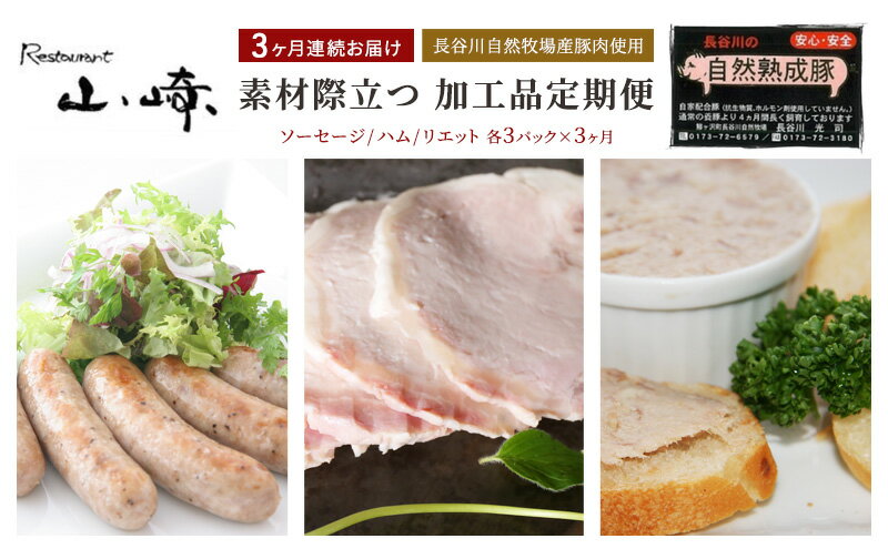 【ふるさと納税】【3ヶ月連続お届け】【長谷川自然牧場産豚肉使用】【お家レストラン】素材際立つ 加工品定期便(ソーセージ/ハム/リエット各3パック×3ヶ月)