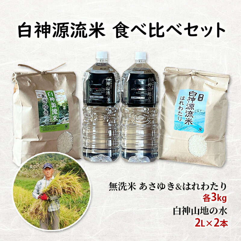 白神源流米 食べ比べセット あさゆき はれわたり 無洗米 各3kg & 白神山地の水 2L × 2本 セット お届け:2025年10月下旬〜2026年3月31日まで