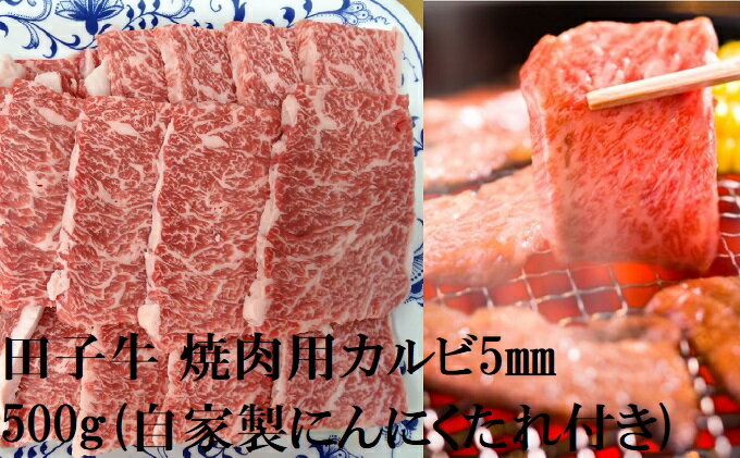 【ふるさと納税】田子牛 焼肉用上カルビ5mmスライス500g(自家製にんにくたれ付き）　【バラ(カルビ)・お肉・牛肉・焼肉・バーベキュー】