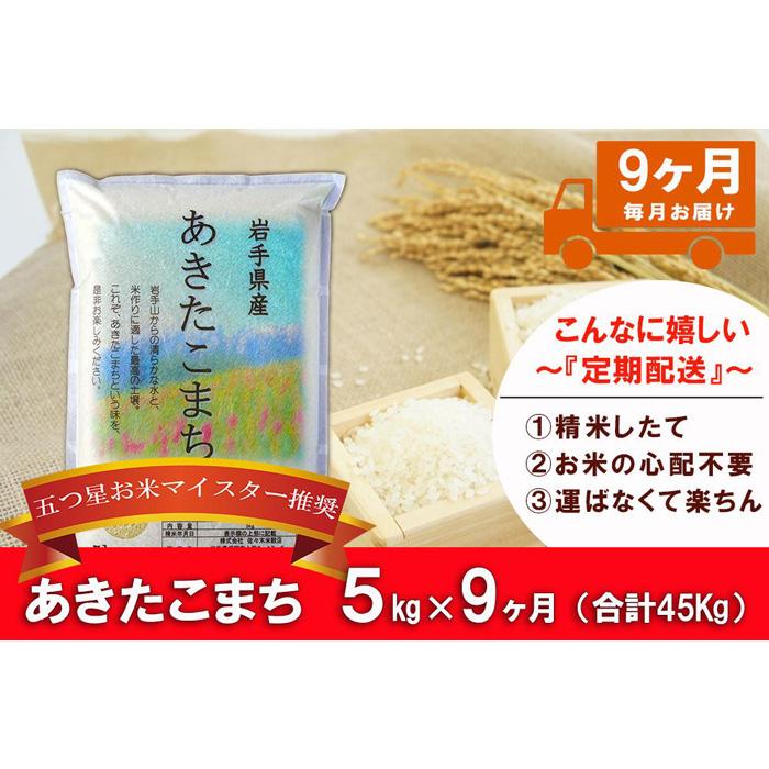 【ふるさと納税】【9か月定期便】盛岡市産あきたこまち5kg×9か月 | 米 お米 こめ 白米 精米 ごはん ご飯 お弁当 おにぎり 岩手 国産 お楽しみ 人気 おすすめ 好評 五つ星お米マイスター在籍