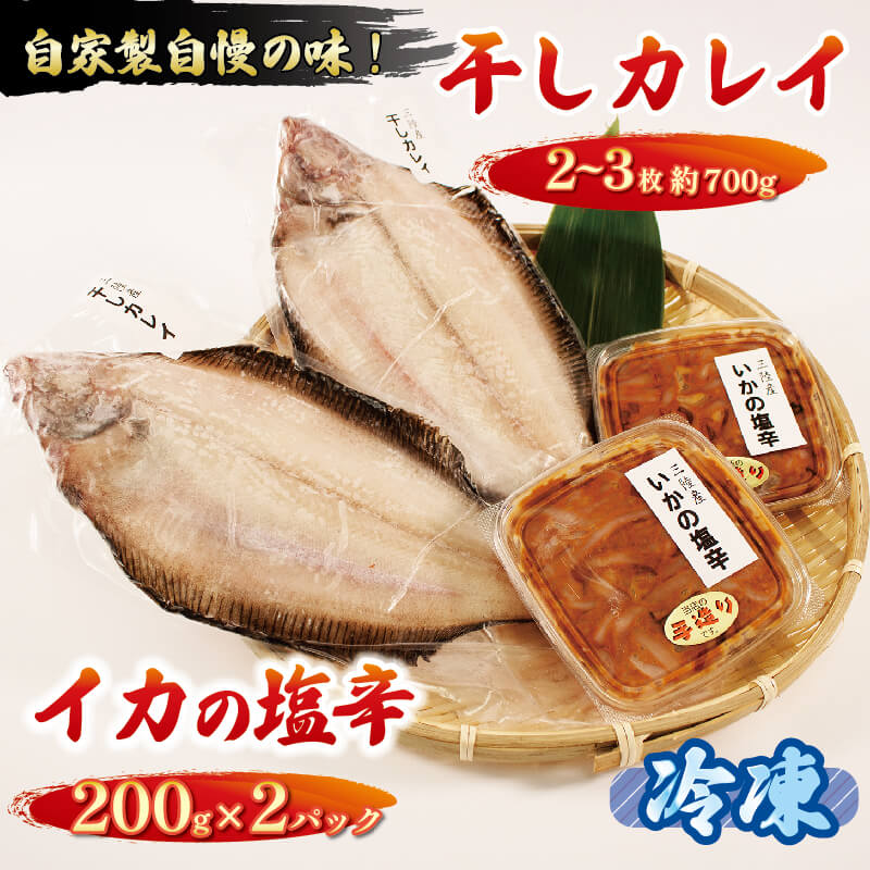 干しカレイ2～3枚 (約700g) イカの塩辛 200g × 2パック セット カレイ 魚 焼き魚 干し 干物 海産物 海 イカ いか 塩辛 ご飯 おかず 夕飯 夕ご飯