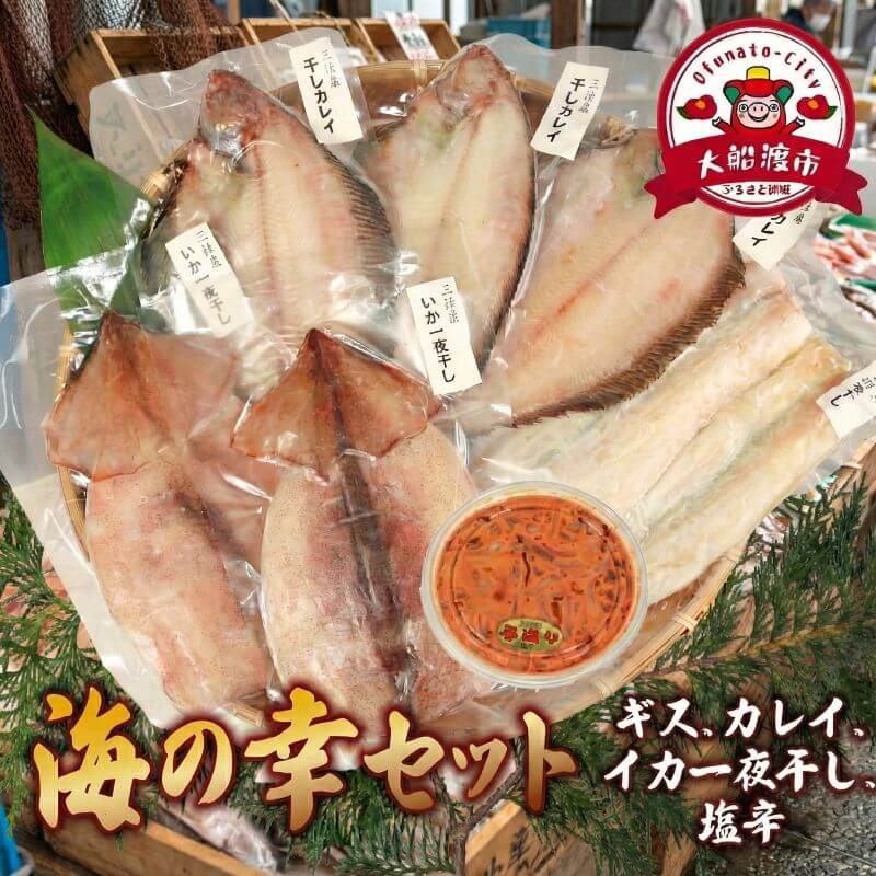 【ふるさと納税】 海の幸セット A-3 【ギスの塩干し2～3枚、干しカレイ 3～4枚、スルメイカ一夜干し 2枚、イカの塩辛 1パック】 冷凍 焼くだけ 簡単 ぎす 干物 干し物 焼き魚 魚 かれい するめ いか 烏賊 一夜干し 塩辛 三陸産 海産物 セット 小分け 焼くだけ 簡単 鮮魚