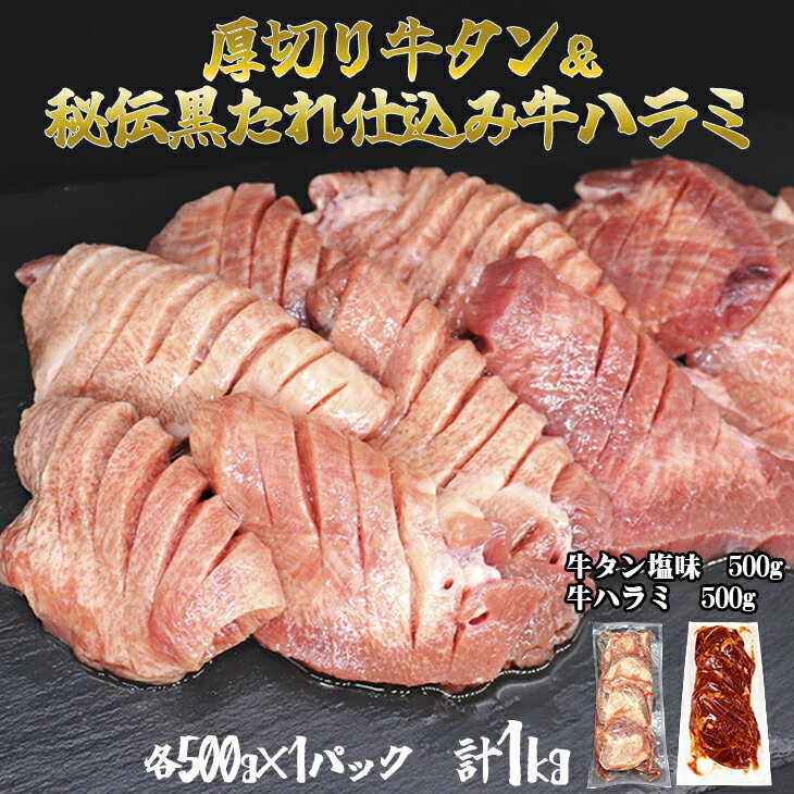 厚切り牛タン塩味500g・味付き牛ハラミ「秘伝の黒たれ仕込み」500g各1P牛肉 肉 焼肉 たんもと たんなか 塩牛タン 冷凍 真空パック 味付け肉