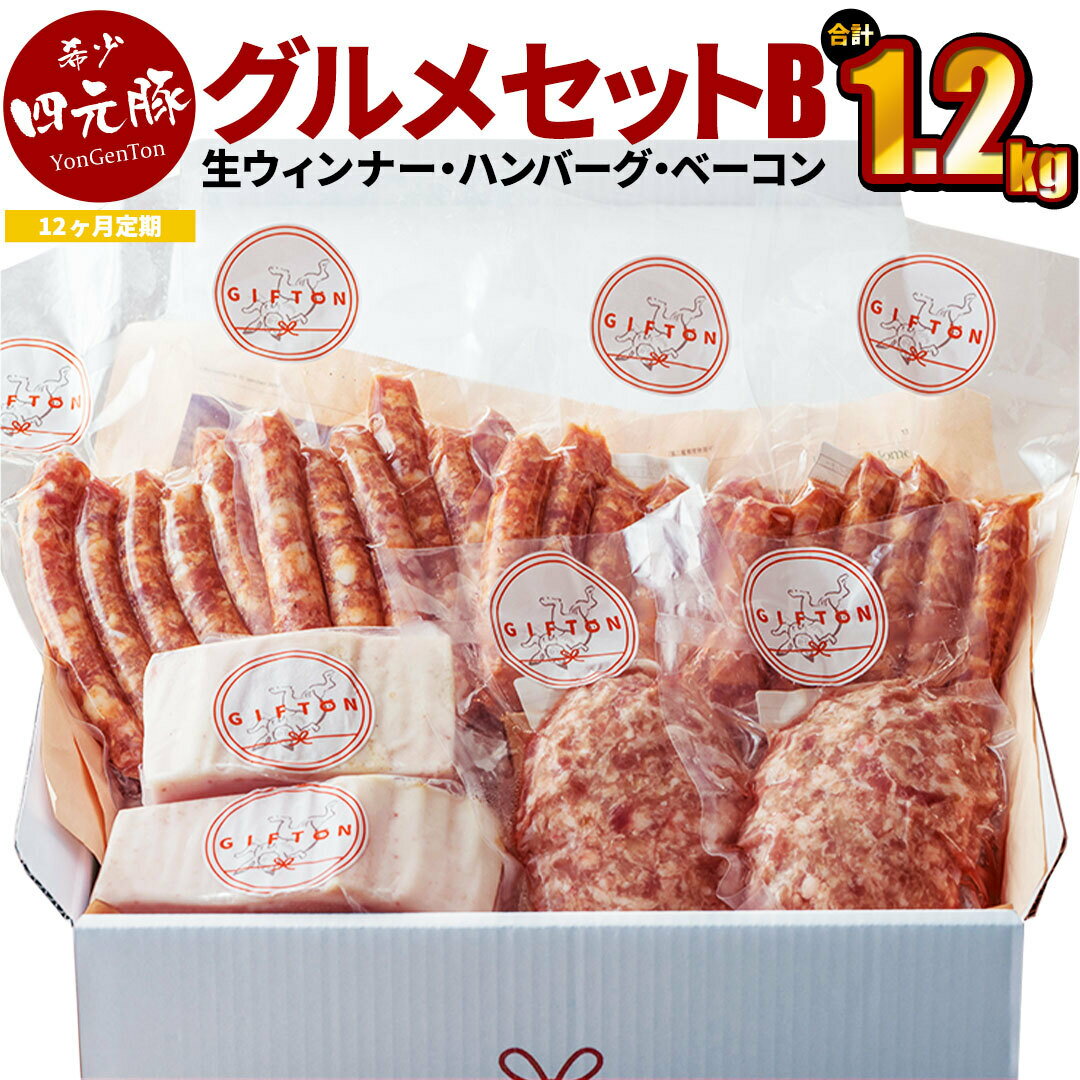 [定期便12ヶ月]GIFTON 岩手県産四元豚 グルメセットB 1.2kg (生ウィンナー2種・生ハンバーグ・熟成ベーコンブロック) ギフト お肉