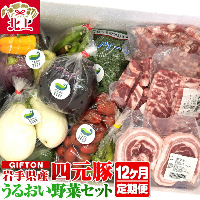 定期便 /12ヶ月 岩手・北上産 四元豚 厳選カット肉と季節のうるおい野菜セット GIFTON 新鮮 旬 冷蔵 豚肉 ポーク 豚バラ ロース トンテキ しゃぶしゃぶ 薄切り 角切り ミンチ ひき肉 ごえん 株式会社