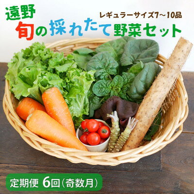 名称 【発送月固定定期便】奇数月発送 旬のとれたて野菜セット(7～10品)レギュラーサイズ全6回 保存方法 冷蔵 発送時期 【1回目】発送月の前月末日までのお支払いで発送月中旬より順次発送【2回目以降】発送月中旬より順次発送 提供元 こんたでぃーの遠野 配達外のエリア 離島 お礼品の特徴 発送月固定(奇数月)の定期便です。 岩手県遠野市の厳しい昼夜の寒暖差によって旨みがぎゅっと詰まった野菜をセットにしました。 その時期にしか食べることのできない「旬の野菜」や「珍しい野菜」もバランスよく入れているので、食卓で遠野の四季の移り変わりをお楽しみください。 発送月は1月・3月・5月・7月・9月・11月の年6回になり、発送月のお申込み分は翌発送月より定期便の回数に合わせてのお届けとなります。 (例:3月お申込み→5月より計6回配送) ●季節ごとに届く野菜の例 【1月～3月】長芋、中玉トマト、寒締めほうれん草、リーフレタス、根わさび、花わさび、しいたけ、きくらげ、早池峰菜 【4月～6月】葉わさび、花にら、山菜、中玉トマト、リーフレタス、ピーマン、しいたけ、きくらげ、根わさび、にら、アスパラガス 【7月～9月】遠野パドロン、きゅうり、とうもろこし、ベビーコーン、大根、長ねぎ、中玉トマト、アスパラガス、しいたけ、きくらげ、ピーマン、花にら 【10月～12月】琴畑かぶ、長ねぎ、にんじん、長芋、中玉トマト、リーフレタス、遠野パドロン 、ほうれん草、ピーマン、根わさび、しいたけ、きくらげ、かぼちゃ ■生産者の声 ●こんたでぃーの遠野のこだわり 1.旬のこだわり野菜を農家の野菜を厳選 遠野の気候風土や肥沃な土、自然豊かな水を活かし、農家がこだわりを持った肥料を用いながら野菜を丁寧に育てています。こんたでぃーの遠野では、こだわりを持って生産している農家さんから厳選した野菜を直接お届けしています。 2.鮮度と品質にこだわった発送 「一番おいしい時に食べていただきたい」という思いで、お申し込みをいただいてから採れた、厳選した新鮮野菜を食卓へお届けします。 ■お礼品の内容について 1月 3月 5月 7月 9月 11月 旬のとれたて野菜セット(7~10品)レギュラーサイズ【こんたでぃーの遠野】 ・野菜[7～10品] 　　原産地:岩手県遠野市 　　賞味期限:出荷日+6日 ■注意事項/その他 ※生鮮食品ですので、到着後はお早めにお召し上がり下さい。 ※お礼品の中身はおまかせとなります(指定不可)。 ※季節によって果物・加工品(乾燥野菜、納豆、漬物など)が入る場合や、アレルギー品目該当の野菜、果樹など入る場合があります。 ※天候や生育状況によりお届けする野菜の内容に変更がある場合があります。 ※画像はイメージです。季節ごとにより内容は異なります。予めご了承の上お申し込みください。 ■定期便に関するご注意 ※寄付申し込み後に発送時期の変更はできません。 ※寄付先自治体や提供事業者の事情や天候、交通事情その他の事情等により、お礼品の調達および発送に支障が生じた場合には、お届けが遅れることがあります。あらかじめご了承ください。 ※提供元の都合により、年末年始等の長期休業期間を避けて配送することがあります。 ※発送される曜日は、回ごとに変わる場合があります。 ・ふるさと納税よくある質問はこちら ・寄附申込みのキャンセル、返礼品の変更・返品はできません。あらかじめご了承ください。 【関連キーワード】 季節のご挨拶に お正月 賀正 新年 新春 初売り 年賀 成人式 成人祝 節分 バレンタイン ひな祭り ホワイトデー 卒業式 卒業祝い 入学祝 お花見 ゴールデンウィーク GW こどもの日 端午の節句 お母さん ママ 母の日 お父さん パパ 父の日 七夕 初盆 お盆 お中元 御中元 中元 お彼岸 残暑御見舞 残暑見舞い 敬老の日 おじいちゃん 祖父 おばあちゃん 祖母 寒中お見舞い クリスマス お歳暮 御歳暮 ギフト プレゼント 贈り物 セット 日常の贈り物に お見舞い 退院祝い 全快祝い 快気祝い 快気内祝い ご挨拶 ごあいさつ 引っ越しご挨拶 引越しご挨拶 お宮参り御祝 合格祝い 進学内祝い 成人式 御成人御祝 卒業記念品 卒業祝い 御卒業御祝 入学祝い 入学内祝い 小学校 中学校 高校 大学 就職祝い 社会人 幼稚園 入園内祝い 御入園御祝 お祝い 御祝い 内祝い 金婚式御祝 銀婚式御祝 御結婚お祝い ご結婚御祝い 御結婚御祝 結婚祝い 結婚内祝い 結婚式 引き出物 引出物 引き菓子 御出産御祝 ご出産御祝い 出産御祝 出産祝い 出産内祝い 御新築祝 新築御祝 新築内祝い 祝御新築 祝御誕生日 バースデー バースデイ バースディ 七五三御祝 753 初節句御祝 節句 昇進祝い 昇格祝い 就任 お供え 法事 供養 法人・企業様に 開店祝い 開店お祝い 開業祝い 周年記念 異動 栄転 転勤 退職 定年退職 挨拶回り 転職 お餞別 贈答品 景品 コンペ 粗品 手土産 寸志 歓迎 新歓 送迎 歓送迎 新年会 二次会 忘年会 記念品 関連キーワード 楽天ふるさと納税 ふるさと納税 ふるさと 39ショップ買いまわり 39ショップ キャンペーン 買いまわり 買い回り 買い周り お買い物マラソン マラソンセール SS 楽天スーパーセール スーパーセール スーパーSALE SS スーパーセール 人気 ランキング コロナ コロナ支援 お試し 贈答 贈答用 国産 年内 送料無料このお礼品は以下の地域にはお届けできません。 ご注意ください。 離島