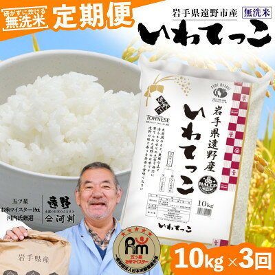 【ふるさと納税】【毎月定期便】〈無洗米〉岩手県 遠野市産 いわてっこ 10kg 【 コメマルシェ 河判 】全3回【4082956】