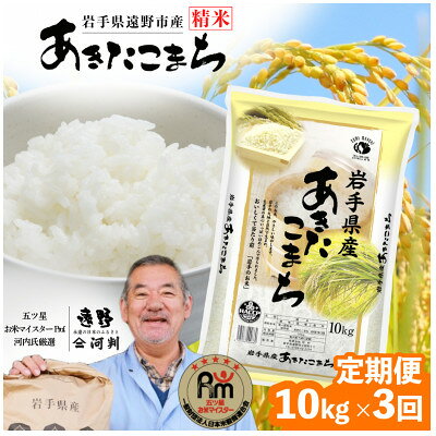 【ふるさと納税】【毎月定期便】遠野産 あきたこまち 精米 10kg 河判全3回【4086460】