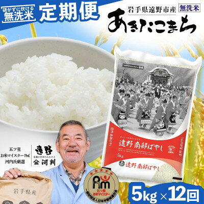 【ふるさと納税】【毎月定期便】〈無洗米〉岩手県 遠野市産 あきたこまち 5kg 【 河判 】全12回【4089977】