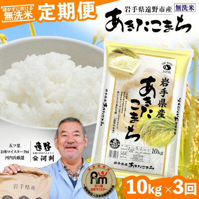 【ふるさと納税】【毎月定期便】〈無洗米〉岩手県 遠野市産 あきたこまち 10kg 【 コメマルシェ 河判 】全12回【4086476】